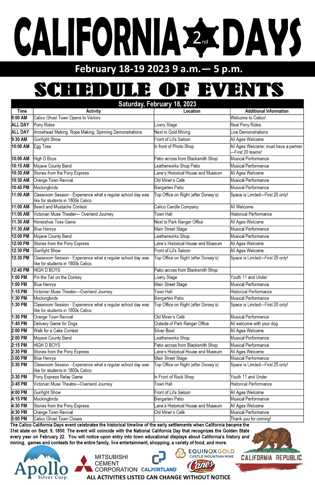 California Days Schedule of Events