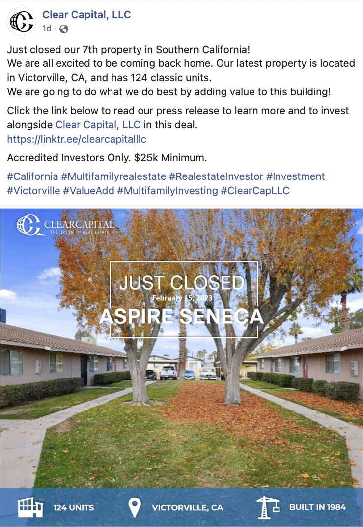 Clear Capital Acquires 124 Unit Victorville property for $15.5 million